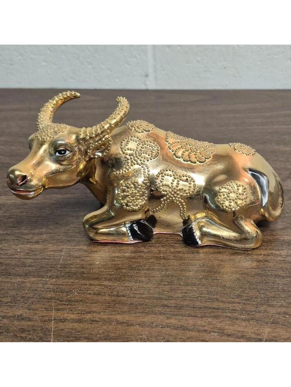 Gold Tone Decorative Bull Figurine with Ornate Embossed Detail